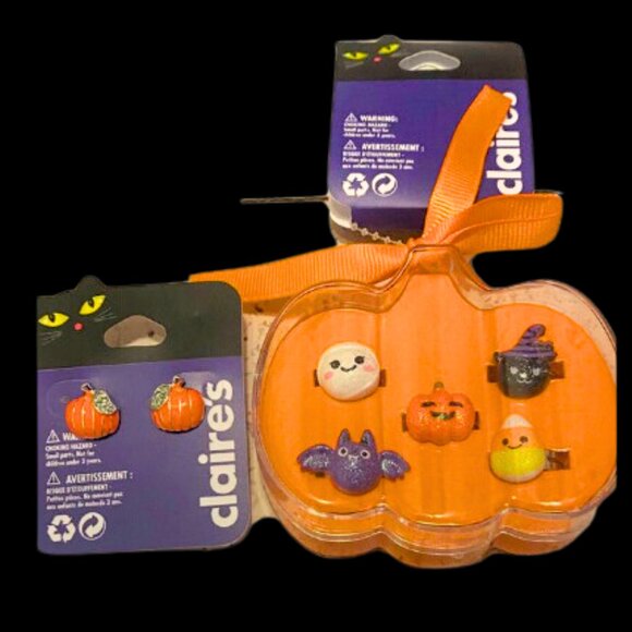 5 Halloween Rings and 1 Pair of Pumpkin Earrings Jewelry Candy Corn Bat  Cat - Picture 1 of 2